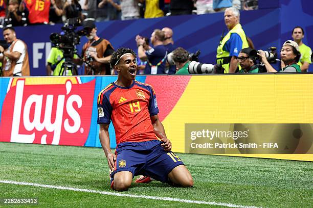Lamine Yamal of Spain celebrates scoring his team's first goal during the FIFA World Cup 2026 Group H match between Spain and Saudi Arabia at Atlanta...