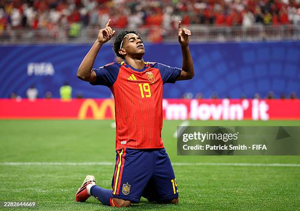 Lamine Yamal of Spain celebrates scoring his team's first goal during the FIFA World Cup 2026 Group H match between Spain and Saudi Arabia at Atlanta...