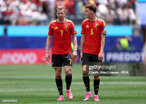 Kevin De Bruyne and Maxim De Cuyper of Belgium react after the first half during the FIFA World Cup 2026 Group G match between Belgium and IR Iran at...