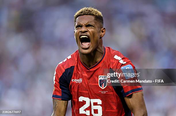 Helio Varela of Cabo Verde celebrates scoring his team's second goal during the FIFA World Cup 2026 Group H match between Uruguay and Cabo Verde at...