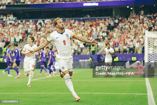 Harry Kane of England celebrates after scoring the team's second goal during the FIFA World Cup 2026 Group L match between England and Croatia at...