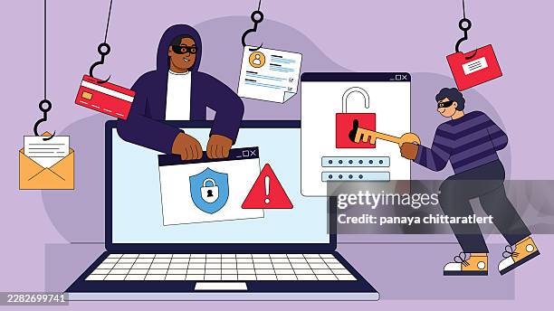 network security technology.fingerprint scanning security system screen.hacker fishing with unlocked smartphone or notebook.it security flat design concept. - hacking stock illustrations