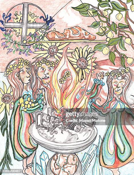 ladies of litha - spring equinox stock illustrations