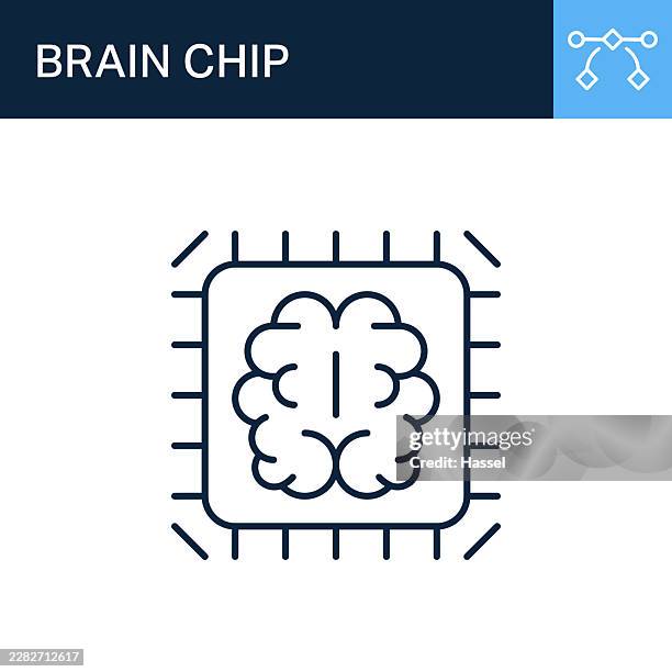 line art vector illustration of a central computer microchip processor featuring a human brain - synapse stock illustrations