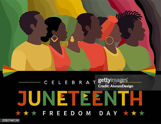 feier des juneteenth freedom day mit vielfältigen porträts der afroamerikanischen gemeinschaft – vektorillustration - afro amerikanischer herkunft stock-grafiken, -clipart, -cartoons und -symbole