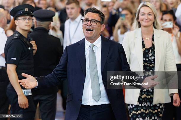 Andy Burnham, Labour MP for Makerfield, celebrates after his swearing-in at the Houses of Parliament on June 22, 2026 in London, England. Last week...