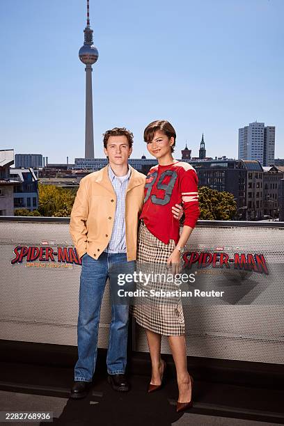 Tom Holland and Zendaya pose for a portrait ahead of the German Fan Event for "Spider-Man: Brand New Day" at Amano Rooftop on June 22, 2026 in...