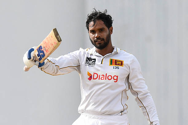 Dhananjaya de Silva of Sri Lanka celebrates his century during the first day of the first Test cricket match between West Indies and Sri Lanka at Sir...