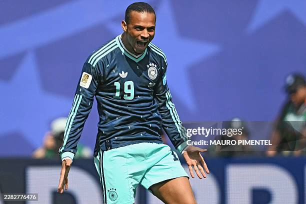 Germany's forward Leroy Sane celebrates scoring his team's first goal during the 2026 World Cup Group E football match between Ecuador and Germany at...