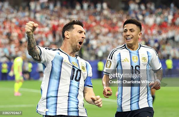 Lionel Messi of Argentina celebrates after scoring his team's first goal during the FIFA World Cup 2026 Group J match between Argentina and Austria...