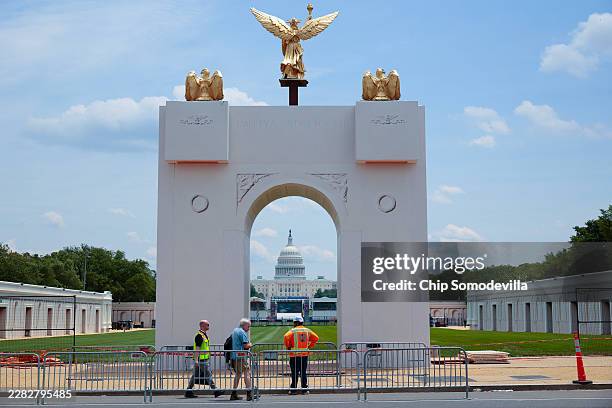 Scale replica of President Donald Trump's 250-foot-tall "Triumphal Arch" stands in the middle of the National Mall along 7th Street Northwest on June...