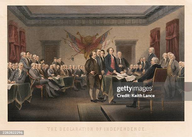 presentation of the declaration of independence to the continental congress (1776) - founding fathers stock illustrations