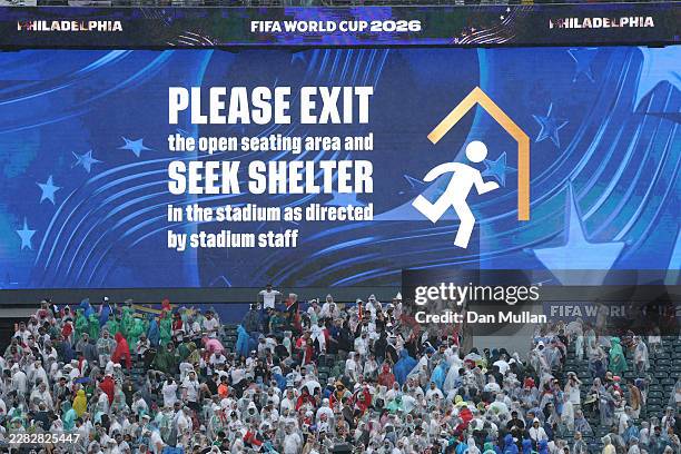 The big screen shows a weather warning during half time during the FIFA World Cup 2026 Group I match between France and Iraq at Philadelphia Stadium...