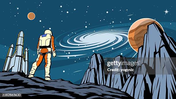 vector astronaut exploring alien planet surface looking at a galaxy in the sky comic style stock illustration - space astronaut stock illustrations