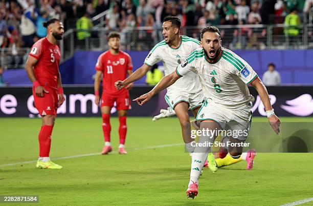 Amine Gouiri of Algeria celebrates scoring his team's second goal during the FIFA World Cup 2026 Group J match between Jordan and Algeria at San...