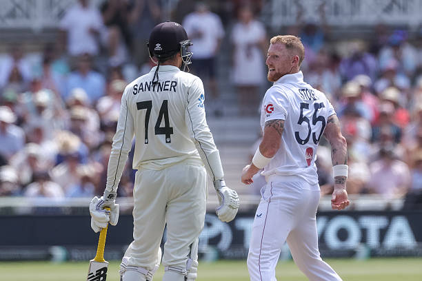 England captain Ben Stokes celebrates his 250th Test wicket as he dismisses Mitchell Santner of New Zealand during the 3rd Rothesay Test Match Day 2...