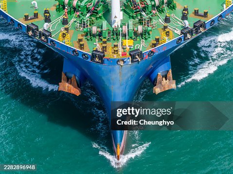 Drone Aerial Close-up View: The Bulbous Bow of a Container Ship Drone Aerial Close-up View: The Bulbous Bow of a Container Ship