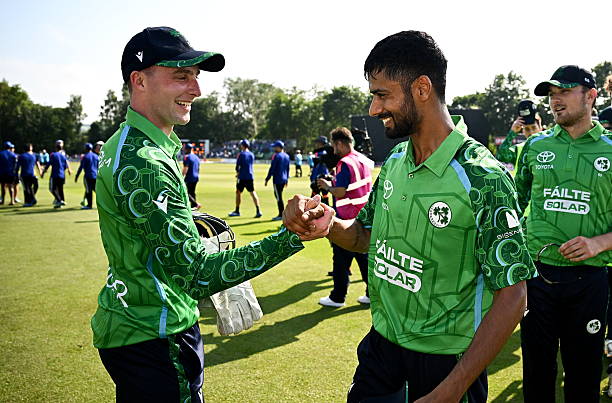 Northern Ireland , United Kingdom - 26 June 2026; Ireland captain Lorcan Tucker, left, and teammate Jai Moondra after their side's victory during...