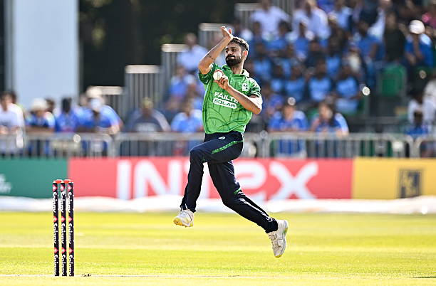 Northern Ireland , United Kingdom - 26 June 2026; Ireland bowler Jai Moondra during match one of the Spinny Cup Men's T20 International series...