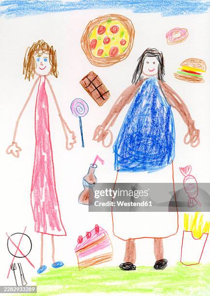 child's drawing showing eating disorder and unhealthy fast food - anorexia stock illustrations