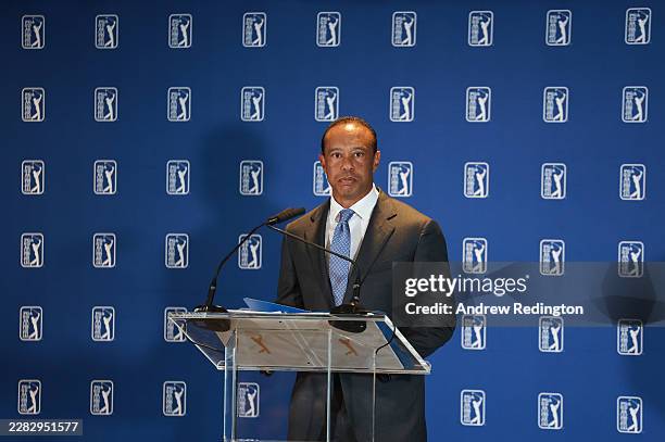 Tiger Woods of the United States is pictured during a PGA Tour Press Conference prior to the Travelers Championship 2026 at TPC River Highlands on...