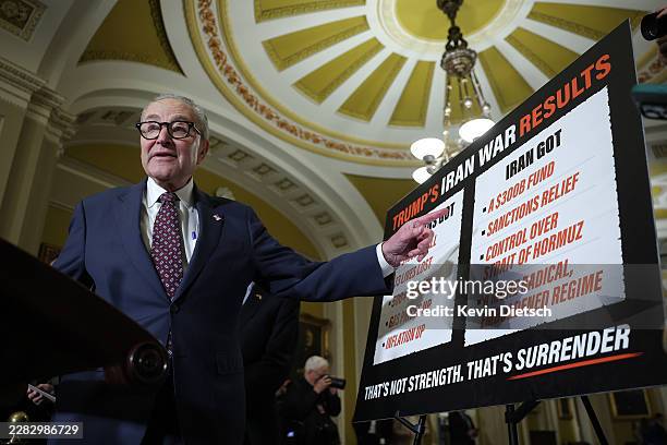 Senate Minority Leader Chuck Schumer speaks to reporters after the weekly Senate policy luncheons at the U.S. Capitol on June 23, 2026 in Washington,...