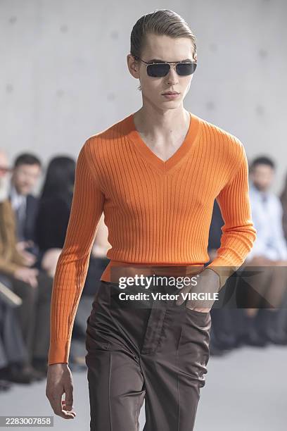 Model walks the runway during the Saint Laurent Menswear Spring/Summer 2027 fashion show as part of Paris Fashion Week on June 23, 2026 in Paris,...