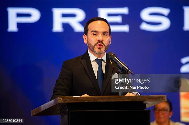 Colombian right-wing lawyer Abelardo de la Espriella and his running mate Jose Manuel Restrepo receive their credentials accrediting them as...