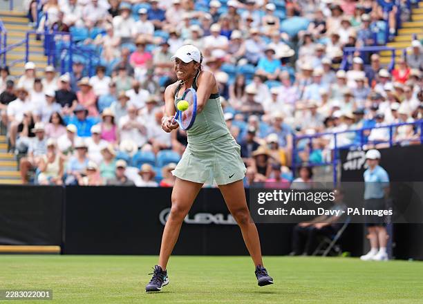 Madison Keys celebrates winning the first set during the final of the Women's singles against Tatjana Maria during day six of the Lexus Eastbourne...