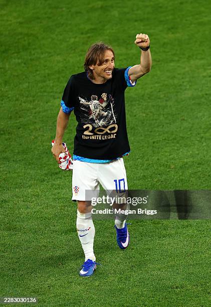 Luka Modric of Croatia celebrates after earning his 200th cap during the FIFA World Cup 2026 Group L match between Panama and Croatia at Toronto...