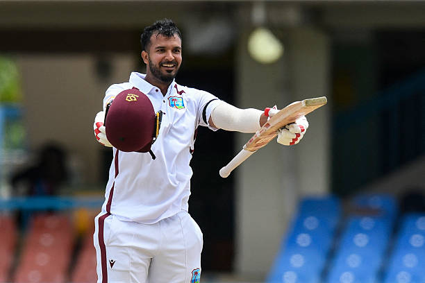 Amir Jangoo of West Indies celebrates his century during the 3rd day of the 1st Test between Sri Lanka and West Indies at Vivian Richards Cricket...