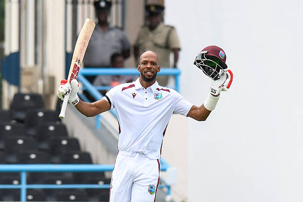 Roston Chase of West Indies celebrates his century during the 3rd day of the 1st Test between Sri Lanka and West Indies at Vivian Richards Cricket...