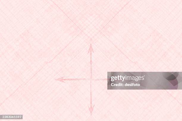 two 2 crossing line with four 4 arrows over textured soft pale pastel pink peach colored vector background with all over slanted criss cross checked pattern for choosing direction, decision making choices abstract banners - crossroads sign stock illustrations