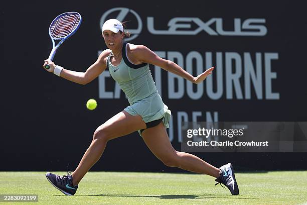 Madison Keys of United States plays a forehand against Jessica Bouzas Maneiro of Spain during the Women's Singles Second Round match on Day Three of...