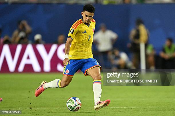 Colombia's forward Luis Diaz kicks the ball during the 2026 World Cup Group K football match between Colombia and Portugal at the Miami Stadium in...