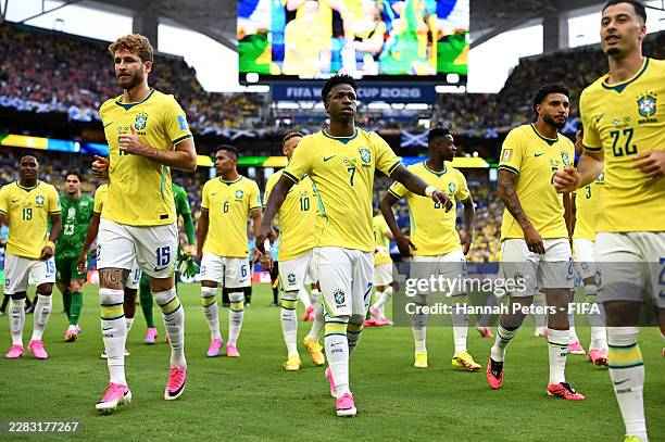 Vinicius Junior of Brazil and teammates prepare for kick off before the FIFA World Cup 2026 Group C match between Scotland and Brazil at Miami...