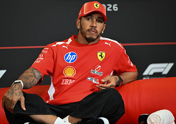 Lewis Hamilton of Great Britain and Scuderia Ferrari is seen during the post-qualifying press conference of the F1 Grand Prix of Austria at Red Bull...