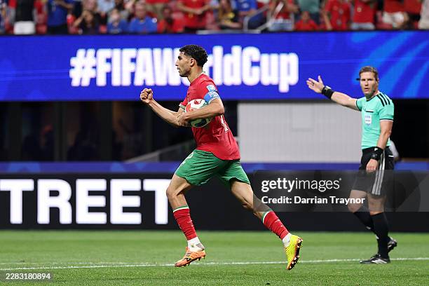 Achraf Hakimi of Morocco celebrates scoring his team's first goal during the FIFA World Cup 2026 Group C match between Morocco and Haiti at Atlanta...