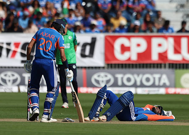 India's Tilak Varma after being hit in the midriff during the second T20I test match at Stormont, Belfast. Picture date: Sunday June 28, 2026.