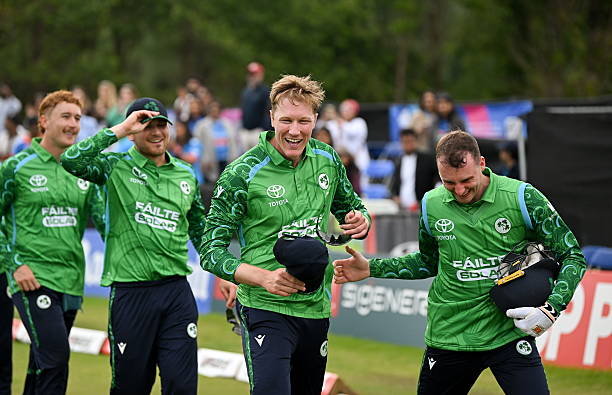 Northern Ireland , United Kingdom - 28 June 2026; Harry Tector, left, and Lorcan Tucker of Ireland celebrate after match two of the Spinny Cup Men's...