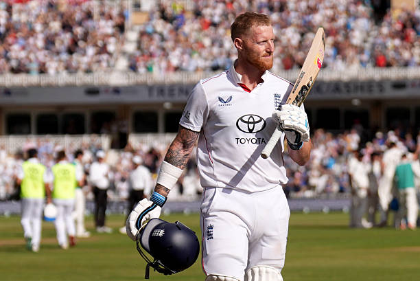 England's Ben Stokes walks off after being caught by New Zealand's Daryl Mitchell on day four of the Third Rothesay Test at Trent Bridge Cricket...