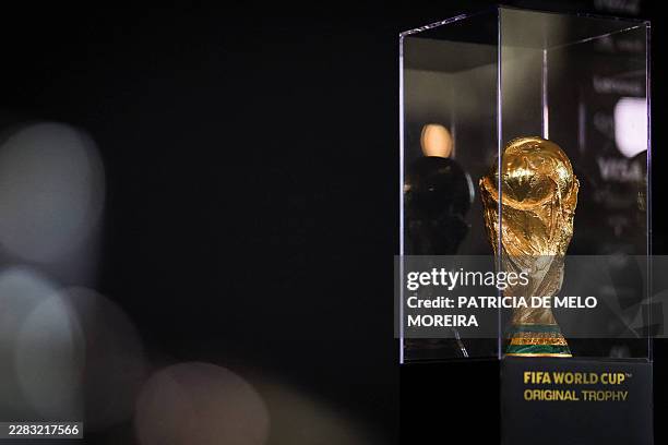 This view shows the original FIFA World Cup trophy, temporarily on display at the Freedom Tower in Miami on June 28 during the 2026 World Cup...
