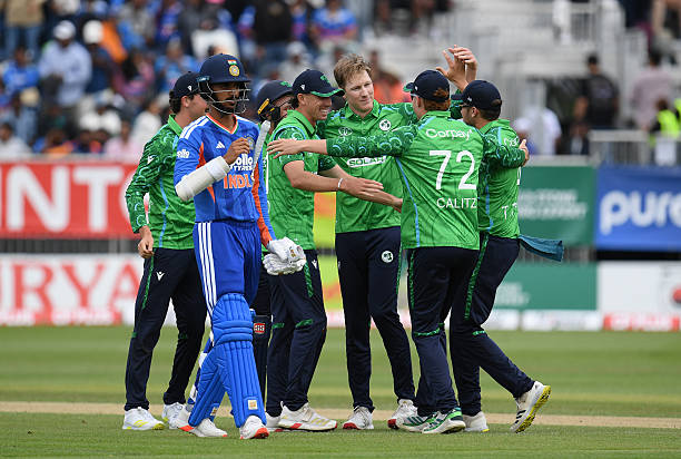 Ireland players celebrate victory over India in the 2nd IT20 match and the series at Civil Service Cricket Club on June 28, 2026 in Belfast, Northern...