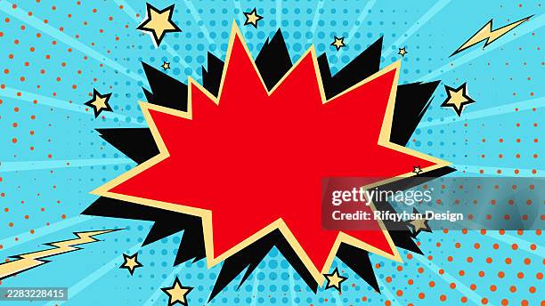 comic book pop art speech bubble explosion banner with pow bang lightning effects, retro manga style chat bubble, bright blue sunburst background, halftone vector illustration for sale promotion design - lightning round stock illustrations
