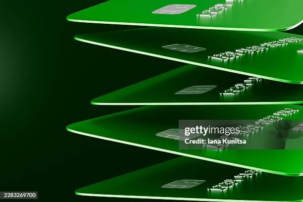 abstract 3d green credit cards floating in digital space. concept of fintech, online banking, online shopping, e-commerce, electronic payments, financial technology, cybersecurity, cashless transactions, digital commerce, banking systems, modern economy. - pago con tarjeta fotografías e imágenes de stock