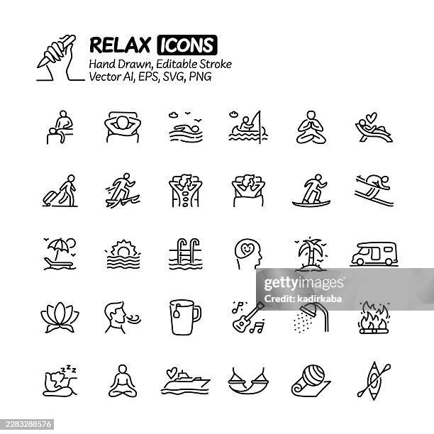 relax hand drawn doodle line icon set. editable stroke vector icons. - beach campfire stock illustrations