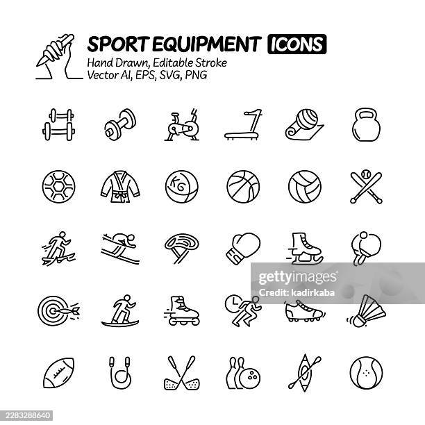 sport equipment hand drawn doodle line icon set. editable stroke vector icons. - handball stock illustrations