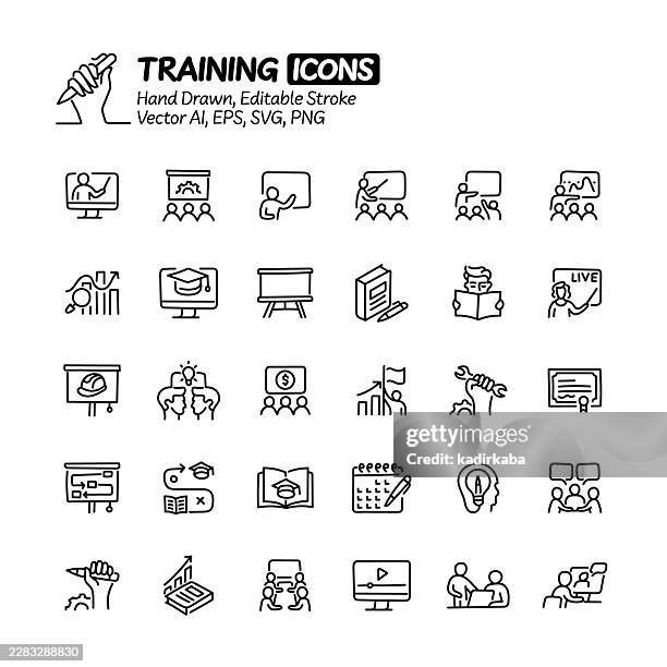 training hand drawn doodle line icon set. editable stroke vector icons. - work experience office stock illustrations