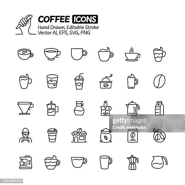 coffee hand drawn doodle line icon set. editable stroke vector icons. - cold brew coffee stock illustrations