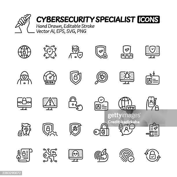 cybersecurity specialist hand drawn doodle line icon set. editable stroke vector icons. - vpn stock illustrations